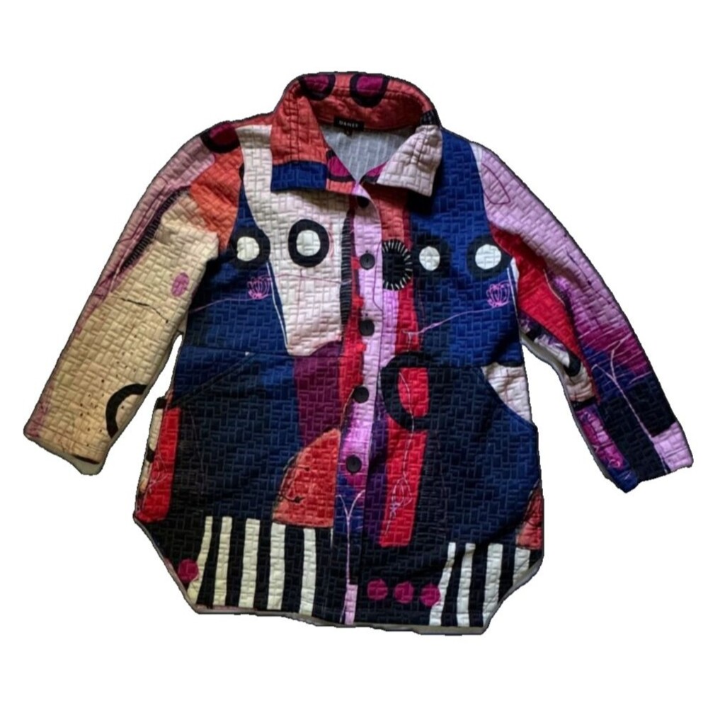 Damee Womens L Quilted Abstract Geometric Art to Wear Jacket Multicolor